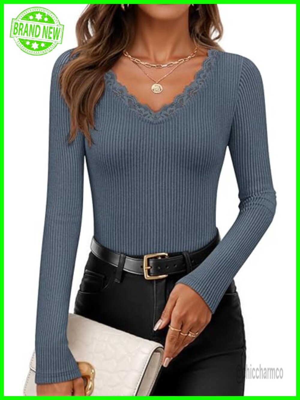 Long Sleeve Lace V Neck Ribbed Knit Slim Fit Business Casual Blouse